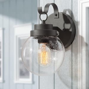 Amonti 1-Light Modern Farmhouse Matte Black Outdoor Wall Lantern Sconce Decorative Coach Light with Seeded Glass Shade