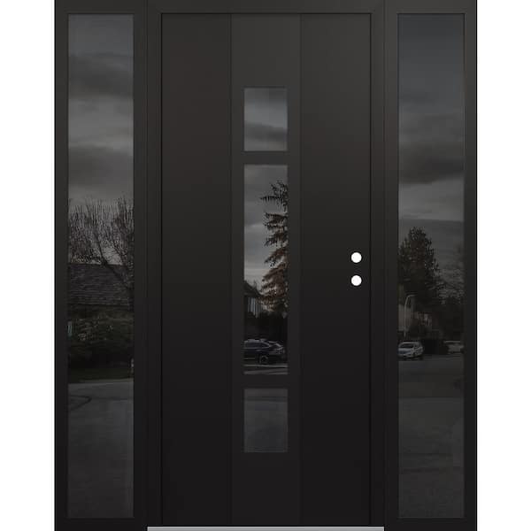 A9 68 in. x 80 in. Black P Left-Hand/Inswing Mirrored Glass Black/Black 2-Sidelite Steel Prehung Front Door