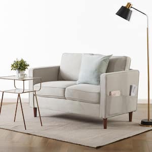 Hana 29 in. W x 31.89 in. H Sand Grey Beige Square Arm Loveseat with Armrest Pockets, Upholstered Linen, 2-Seater