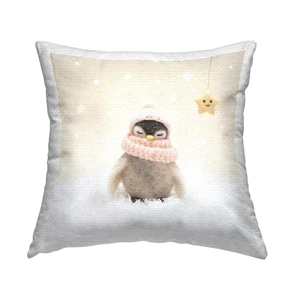 Stupell Industries Warm Snowy Winter Scarf Penguin Beige Square Outdoor Throw Pillow