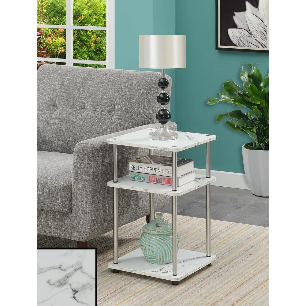 White Faux Marble Wood and Metal Three-Tier End Table