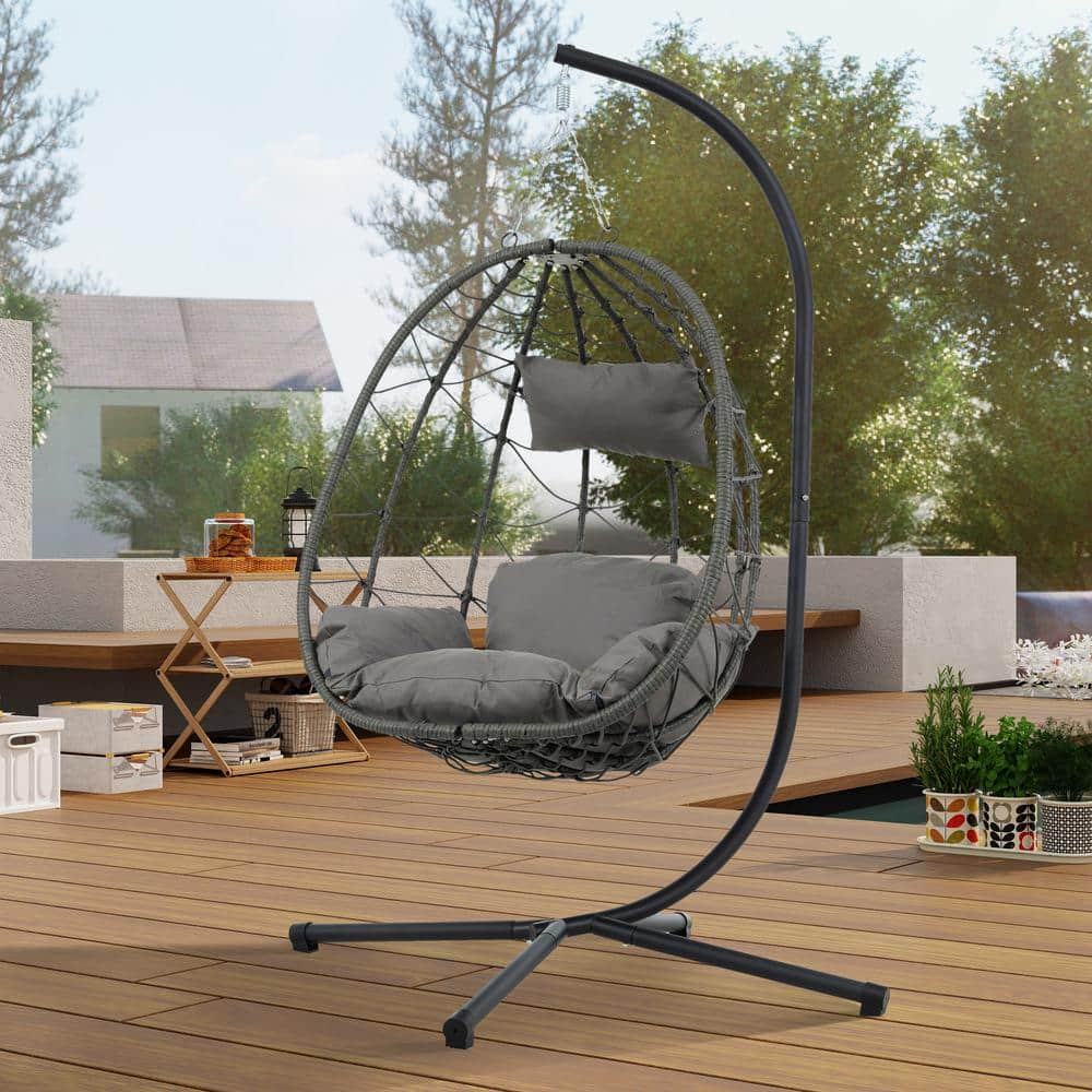 Freestanding 38.6 in. 1-Person Black Wicker Patio Swing Egg Chair with Stand Grey Cushion -  Runesay, CS430Z01