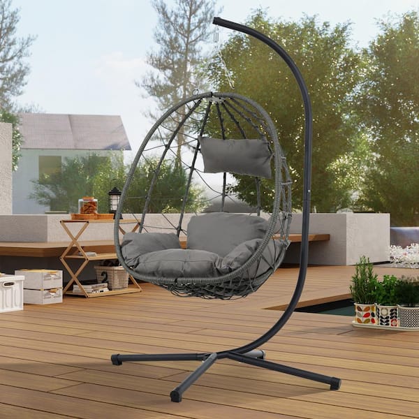 Runesay Freestanding 38.6 in. 1-Person Black Wicker Patio Swing Egg Chair with Stand Grey Cushion