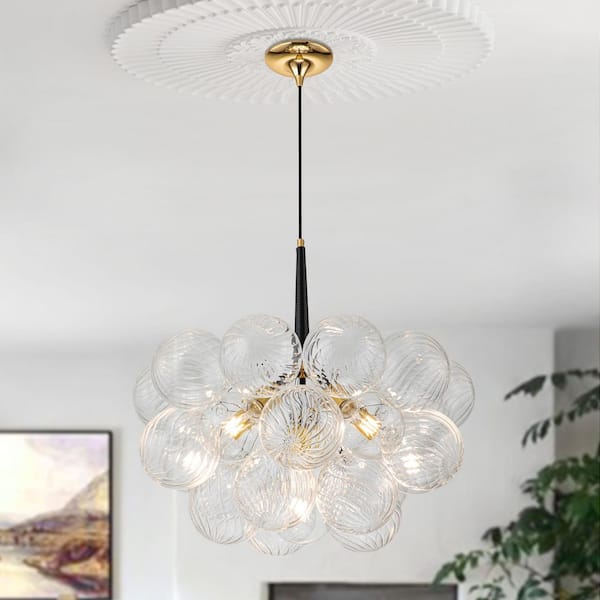 Alma 6-Light 24.8 in.W Gold and Black Cluster Bubble Chandelier with Twist Glass and Leather, LED Bulbs Included