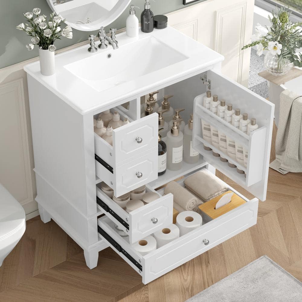 "30"" White Freestanding Bathroom Vanity with Ceramic Sink, Solid Wood Frame, 3 Drawers, Storage Shelves" price history on PriceWatchPro