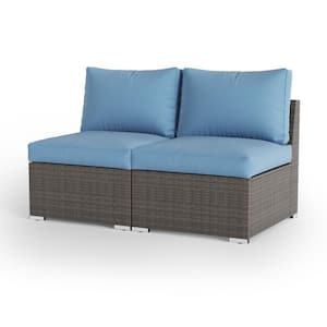 2-Piece Wicker Outdoor Loveseat, Patio Rattan Water Resistance Armless Sofa with Blue Cushions for Garden, Backyard