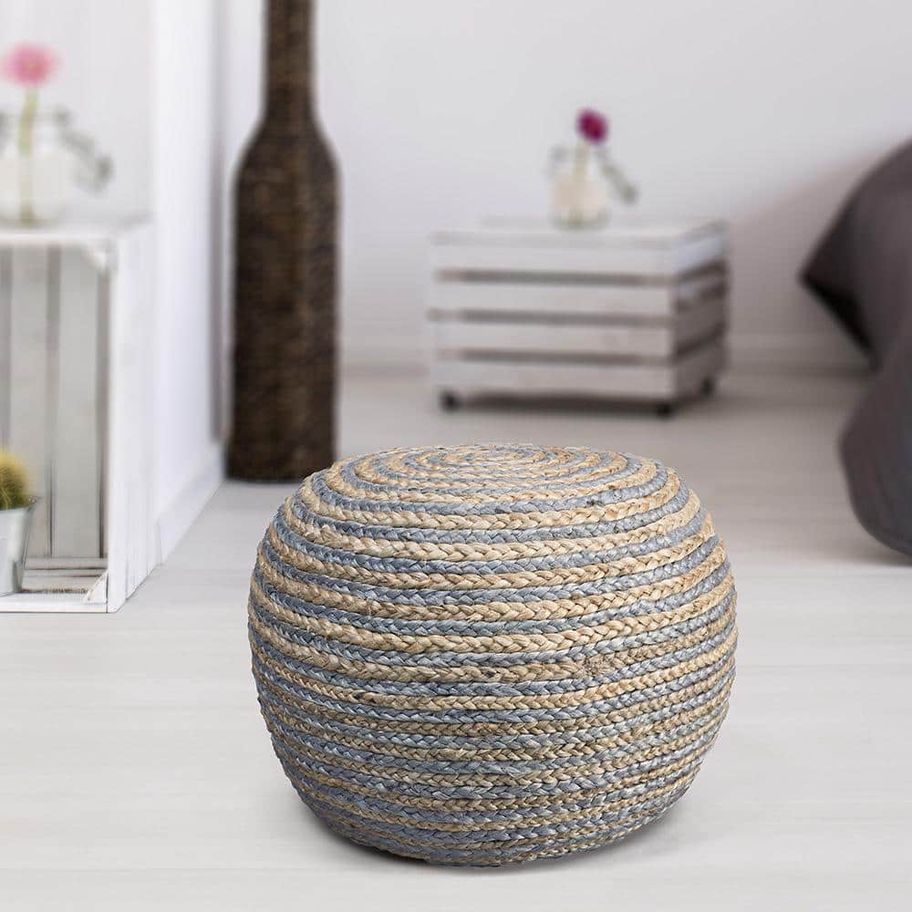 Elena Gray/Tan Striped Braided Cotton Blend Ottoman Pouf