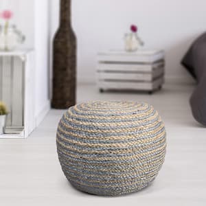 Elena Gray/Tan Striped Braided Cotton Blend Ottoman Pouf