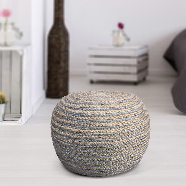 Unbranded Elena Gray/Tan Striped Braided Cotton Blend Ottoman Pouf