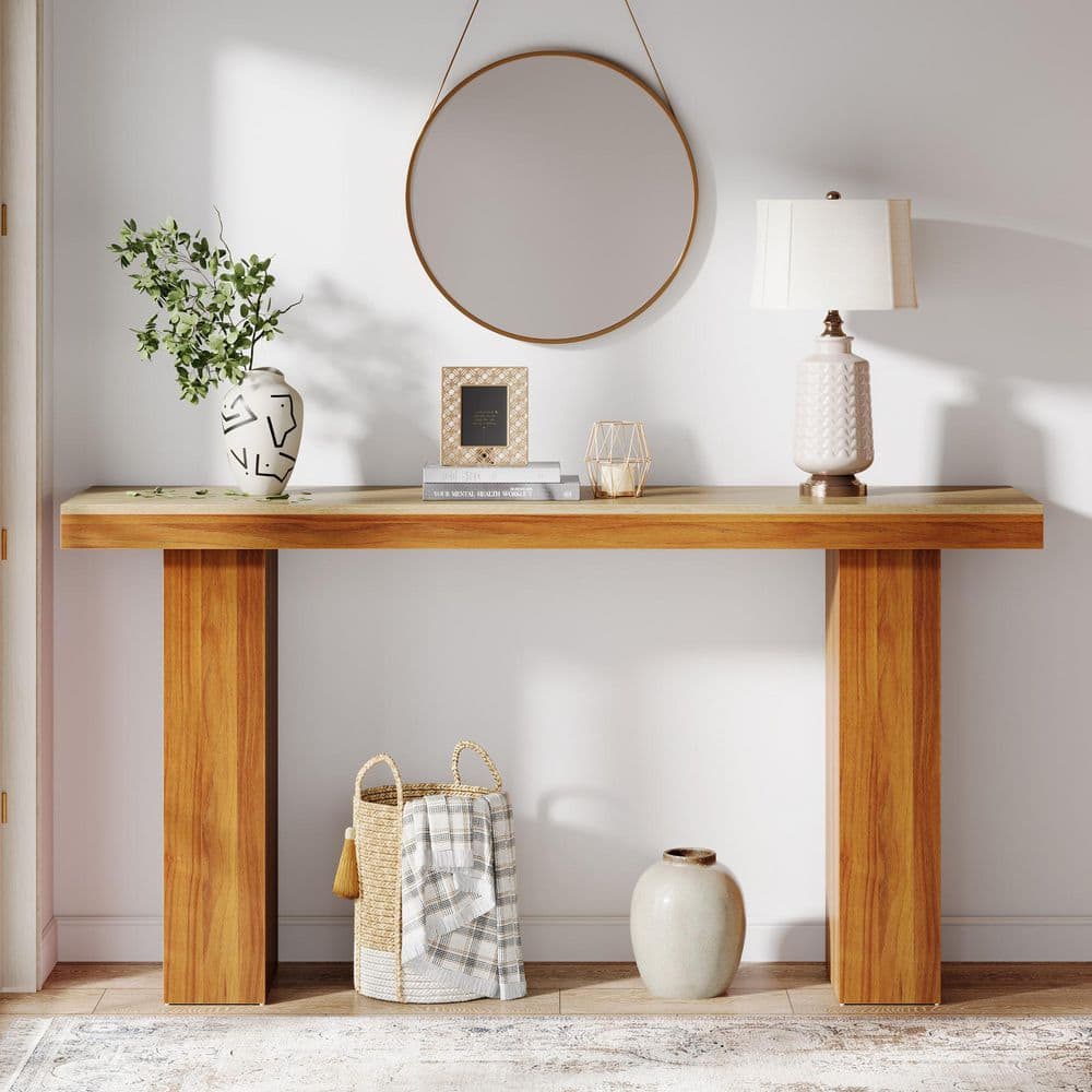 BYBLIGHT Turrella 62.9 in. Brown Rectangle Engineered Wood Console ...