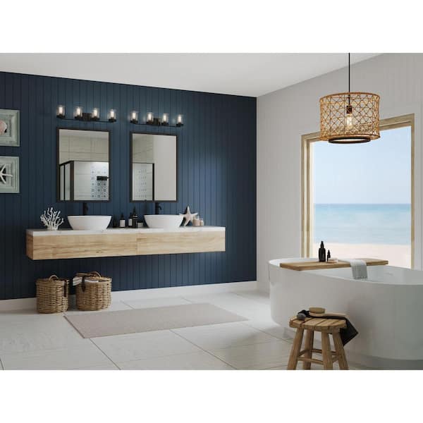 Winslett Collection 4-Light Matte Black Clear Seeded Glass Coastal Bath Vanity Light