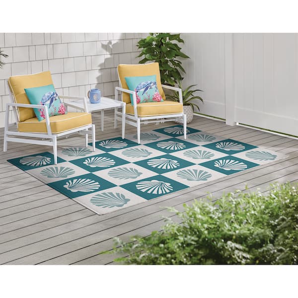 Seashells Teal/White 6 ft. x 9 ft. Indoor/Outdoor Area Rug