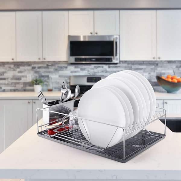 Silver Stainless Steel Standing Dish Rack with Drainboard for Kitchen