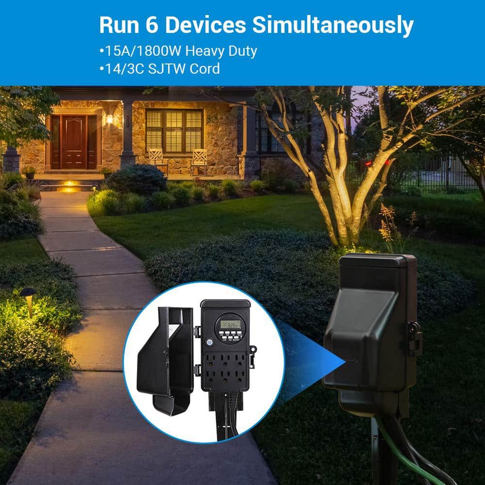 Black Heavy Duty Outdoor Digital Power Stake Timer with 6 Outlets