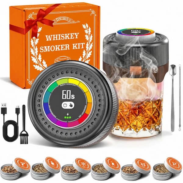 Kit Wood Grain Wood Cocktail Smoker Electric Adjustable Smoke Timer 6 Wood Chips Old Fashioned Bourbon