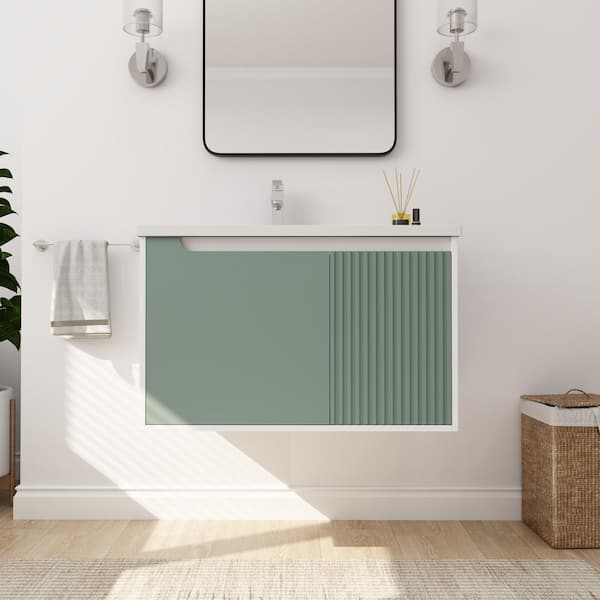 FAMYYT 32 in. W x 19.9 in. D x 20.1 in. H Single Sink Floating Bath Vanity in Green with White Ceramic Top