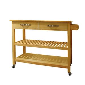 45 in. Natural Wood Kitchen Cart Kitchen Island with Two Bottom shelves, Drawers and Lockable Wheels
