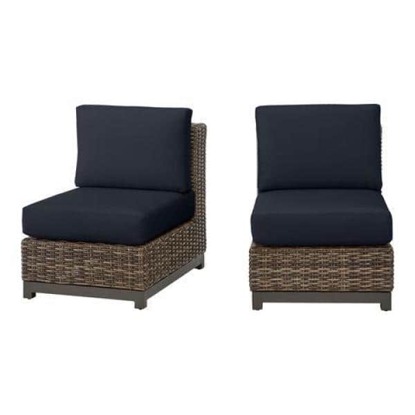 Hampton Bay Fernlake Brown Wicker Armless Outdoor Sectional Chair with CushionGuard Midnight Cushions (2-Pack)