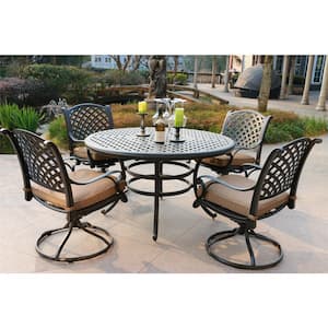 Darling Dark Gold 5-Piece Aluminum Outdoor Dining Set with Round Table, Dining Chairs with Brown Cushions