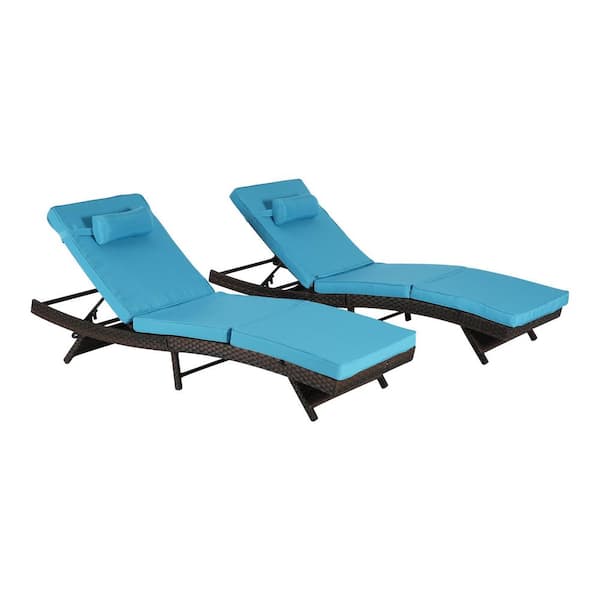 Outdoor Armless Chairs 2-Pieces Wicker and Metal Outdoor Recliner with Blue Cushions