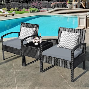 3-Piece Wicker Patio Conversation Set with Gray Cushions