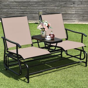 Patio Metal 2-Person Glider Rocking Char Loveseat Garden w/Tempered Glass Table Brown