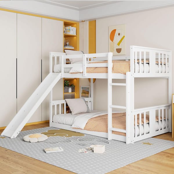 Harper & Bright Designs White Wood Frame Twin over Twin Bunk Bed with Slide and Built-in Ladder