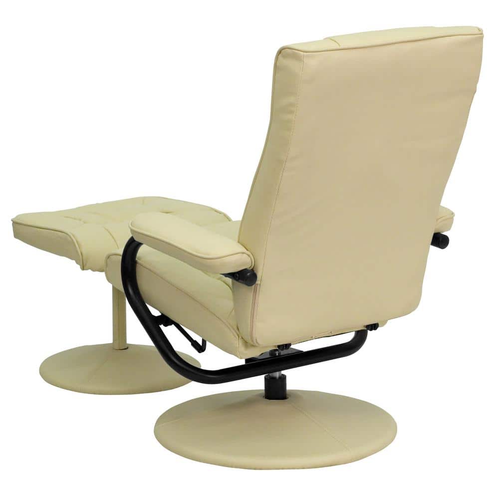 Cream Leather Swivel Recliner with Ottoman and Metal Base