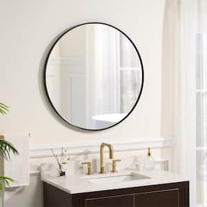 BELLA 32 in. W x 32 in. H Round Aluminum Framed Wall-Mounted Bathroom Vanity Mirror in Matte Black