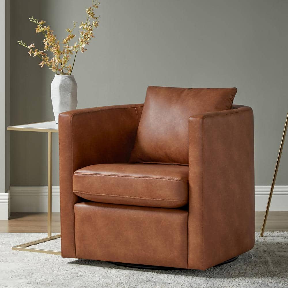 Saddle Brown Faux Leather Swivel Barrel Chair