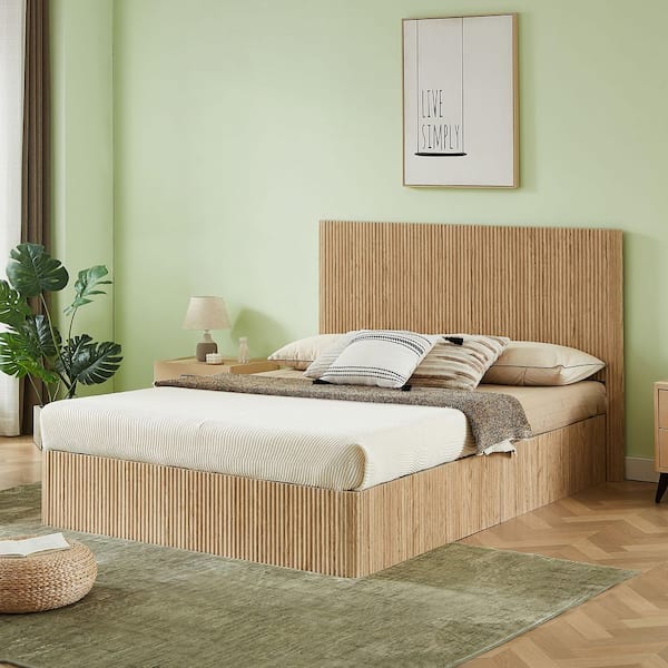 Spirited Brown Wood Frame Queen Size Platform Bed with Hydraulic Lift Up Storage, Wooden Corrugated Curved Lines, Oak
