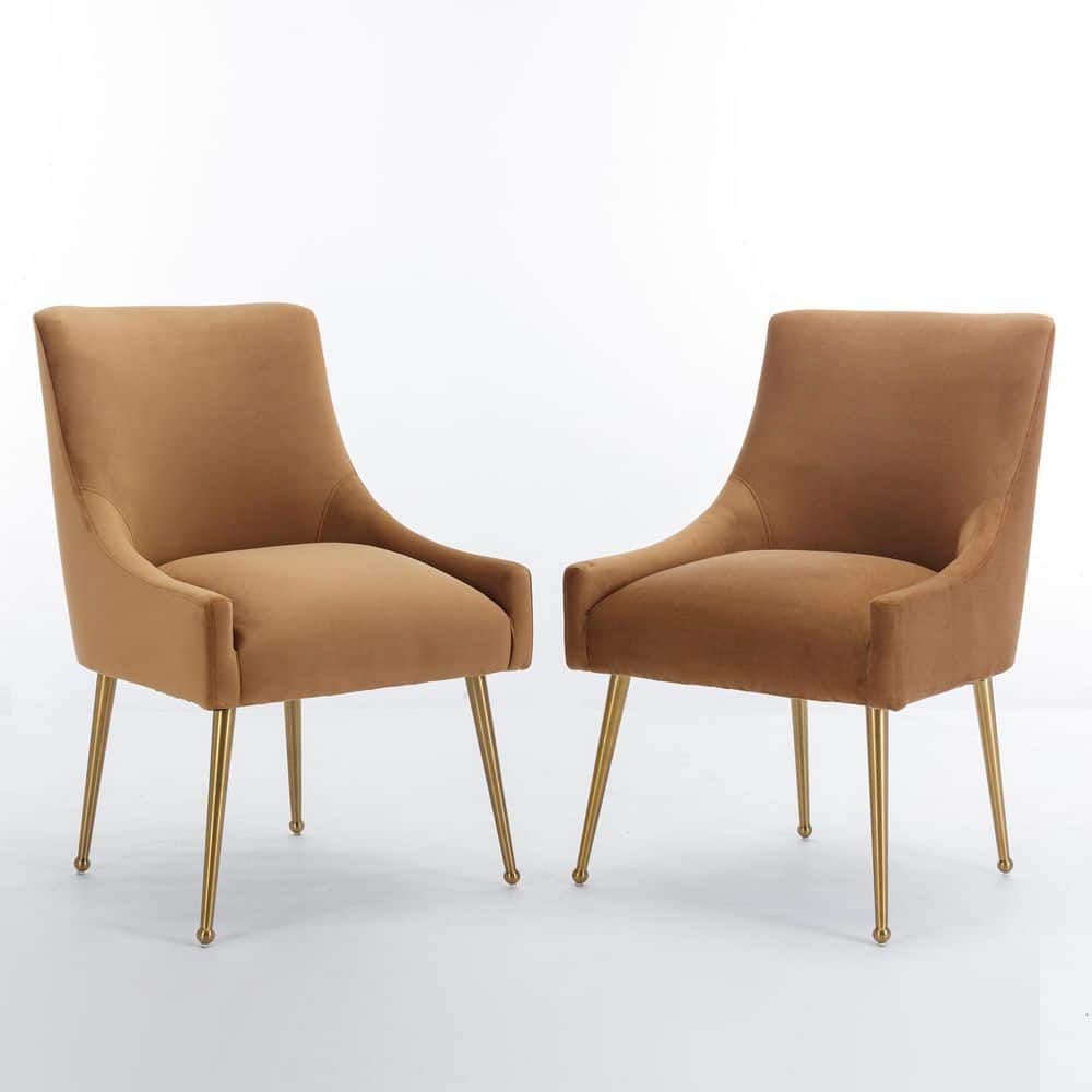 2-Piece Yellow Velvet Upholstered Chair Set with Gold Metal Legs Stain Resistant for Dining Living Room