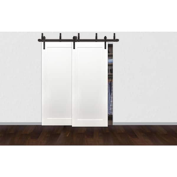 72 in. x 80 in. Bypass 1-Panel Solid Core Prime Pine Wood Sliding Barn Door with Bronze Hardware Kit