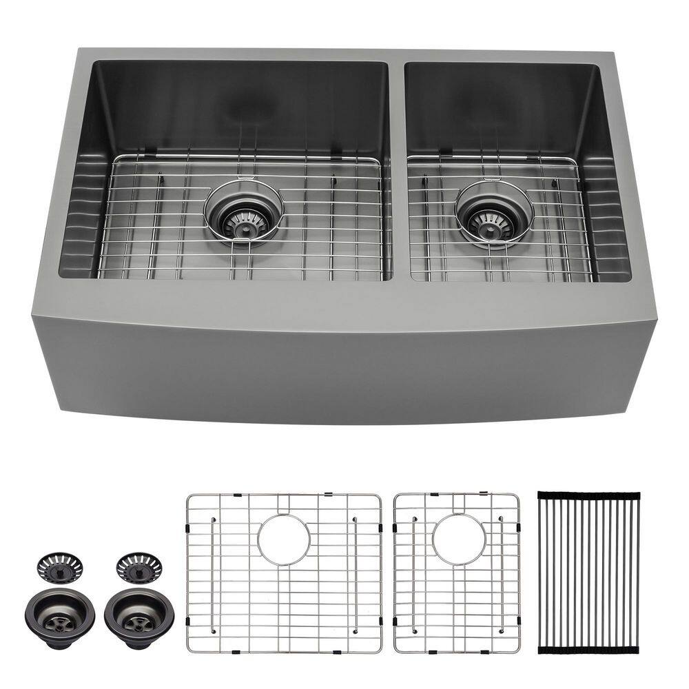 Gunmetal Black 36 in. Farmhouse/Apron-Front Double Bowl 16 Gauge Stainless Steel Kitchen Sink with Basket Strainer price history on PriceWatchPro