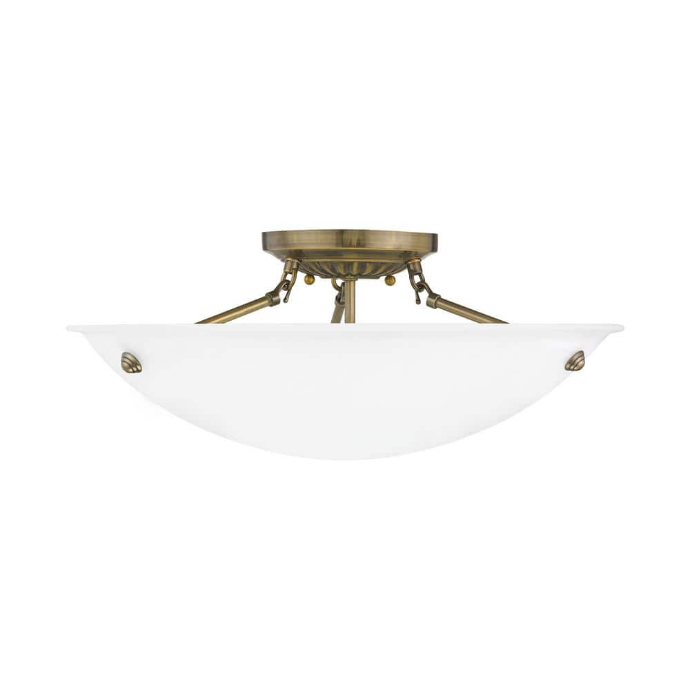 Antique Brass Elegance 3-Light Flush Mount with White Alabaster Glass
