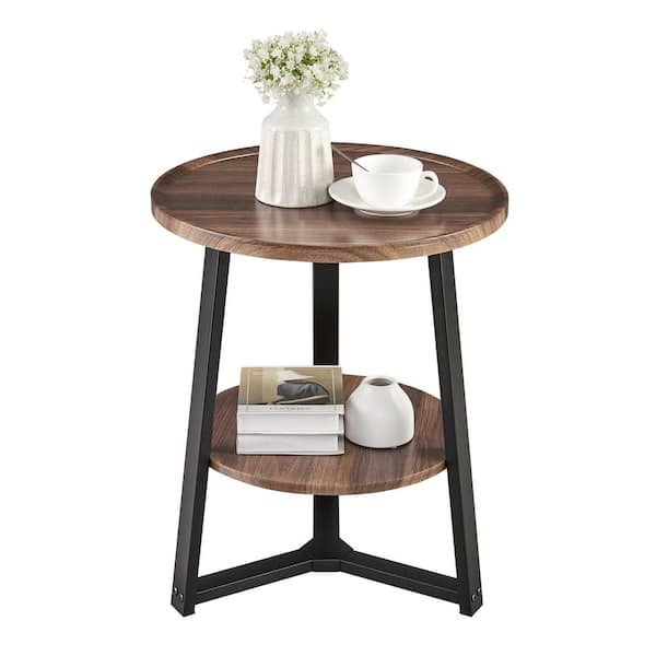 DANYA B Mason 19.7 in. Round 2-Tier Side Accent Table with MDF Tabletop and Crossed Metal Bold Pedestal Legs - Walnut/Black