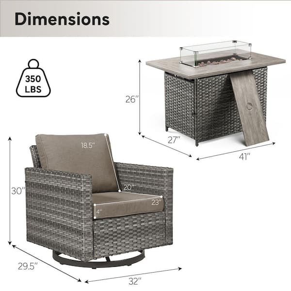 U-Frame 5-Piece Gray Wicker Fire Pit Conversation Set with Olefin Gray Cushions and Swivel Glider Chairs/Couch