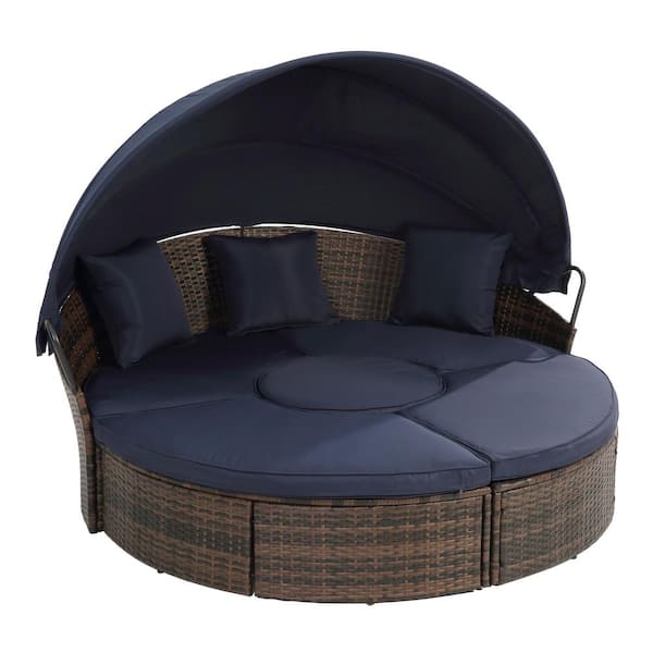 FIROMO Wicker Outdoor Day Bed with Canopy, Bali Canopy Bed Round Lounge Sofa Bed with Elevated Coffee Table, Blue Cushions