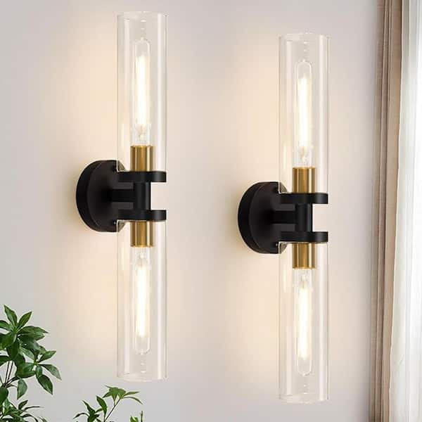 21.3 in.2-Light Black LED Wall Sconce,Natural Alabaster Modern Glass Globe Wall Light for Bedroom, Bathroom, Living Room