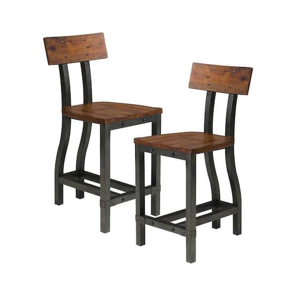 EVERGLADE HOME Parnell 39.75 in. Rustic Brown and Gunmetal Full Back Wood Frame Dining Bar Stool with Wooden Seat (Set of 2)
