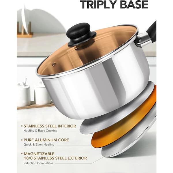 Anqtovp 1QT 2QT 3QT Stainless Steel Sauce Pan Set with Lid Tri-Ply