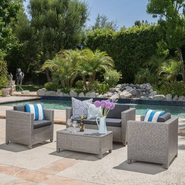 Black 4-Piece Wicker Patio Sectional Set with Cushion Guard Cushions