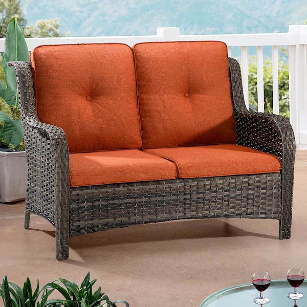 Brown Wicker Outdoor Couch Patio Loveseat Deep Seating with Orange Cushions