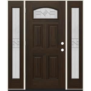 60 in. x 80 in. Right-Hand Camber Top Caldwell Decorative Glass Black Cherry Fiberglass Prehung Front Door w/Sidelites