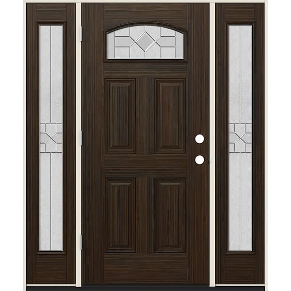 60 in. x 80 in. Right-Hand Camber Top Caldwell Decorative Glass Black Cherry Fiberglass Prehung Front Door w/Sidelites