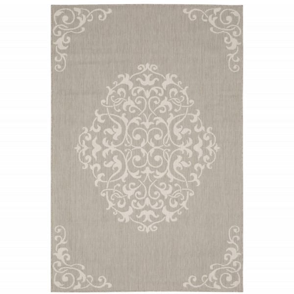 Gray, Ivory 3 ft. x 5 ft. Loomed Oriental Polypropylene Rectangle Indoor/Outdoor Area Rug