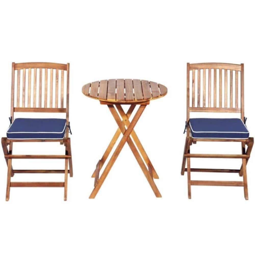 3-Piece Folding Acacia Wood Patio Bistro Set with Navy Cushions