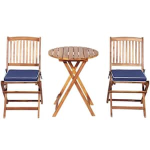 3-Piece Brown Wood Round Table Outdoor Bistro Set with Padded Blue Cushion & Coffee Table