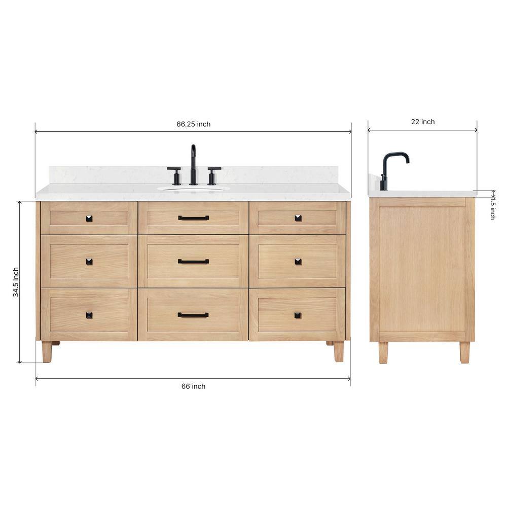 Monroe 66" Light Oak Freestanding Vanity with Carrara Quartz Top