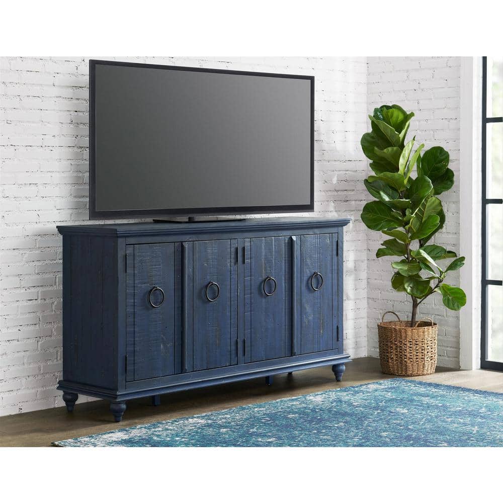 Rustic Blue 65" Solid Pine Wood TV Stand with Cabinet